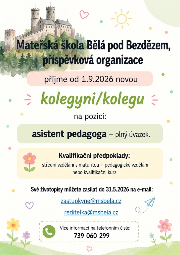 Mateřská škola Bělá pod Bezdězem přijme kolegyni/kolegu