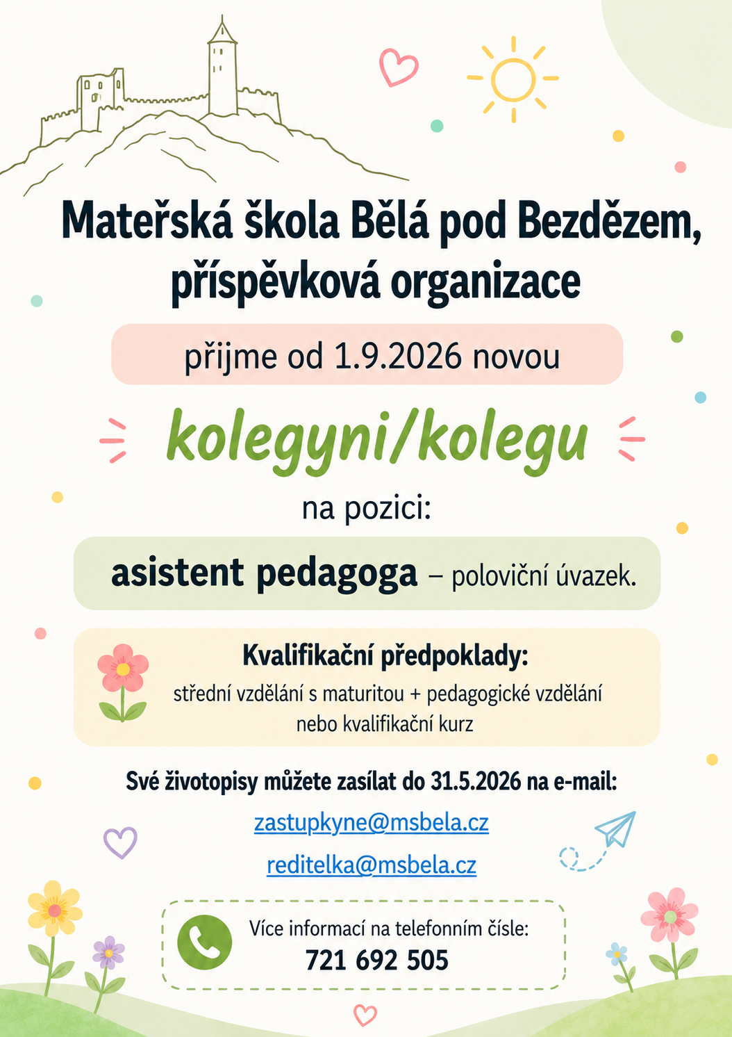 Mateřská škola Bělá pod Bezdězem přijme kolegyni/kolegu